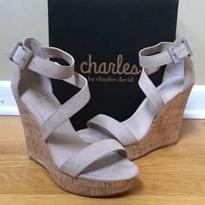 CHARLES by Charles David Nude Faux Suede Amigo Cork Wedge Platform Sandals